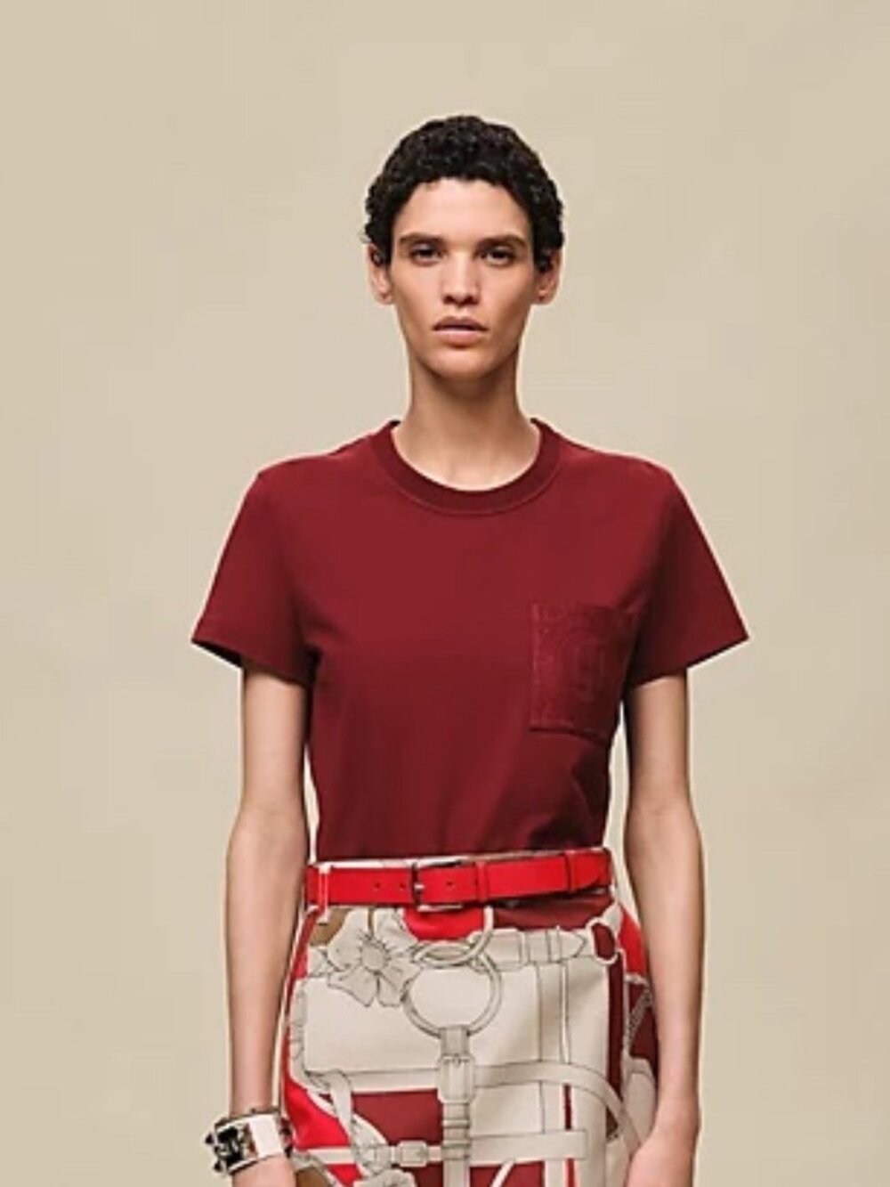 NEW IN BOX Hermes Embroidered Mosaic Pattern Cotton T Shirt Rouge Carmin sz 40